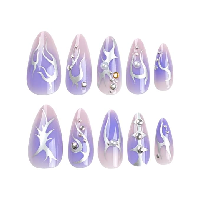 Ombre Purple Press on Nails Medium Almond False Nails with Silver Flame Designs 3D Pearl Fake Nails Glossy Rhinestones Glue on Nails Full Cover Reusable Stick on Nails for Women Girls Manicure 24Pcs