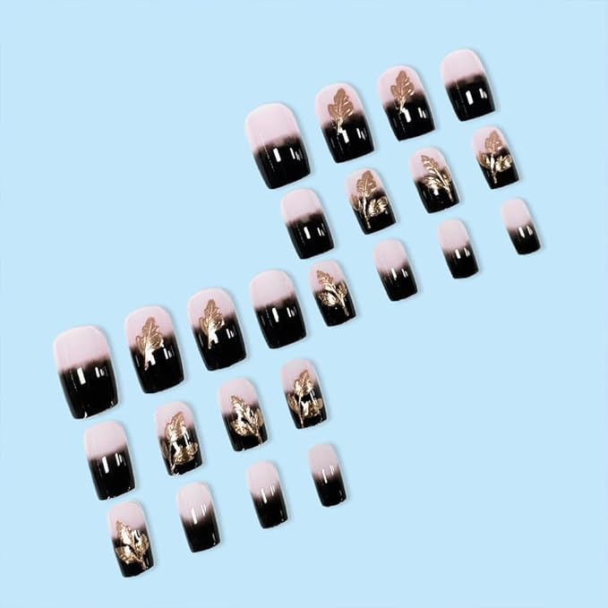 Gold Leaf Press on Nails Medium Square Fake Nails Black Ombre False Nails 3D Golden Leaves Glue on Nail Glossy Gradient Acrylic Nails for Women Girls 24Pcs