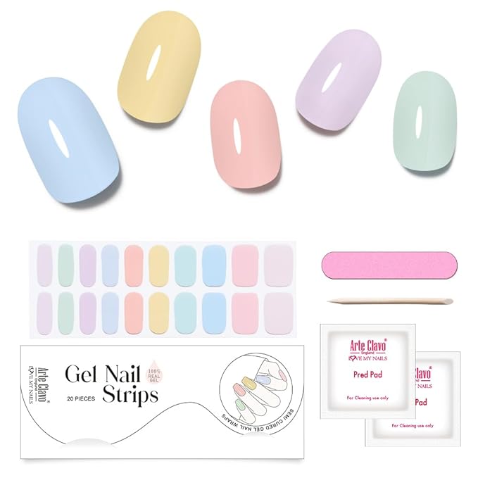 Arte Clavo Semi Cured Gel Nail Strips, 20 Pcs Gel Nail Stickers with UV Light Required, Salon Quality, Long Lasting, Easy Apply and Remove (Macaron)