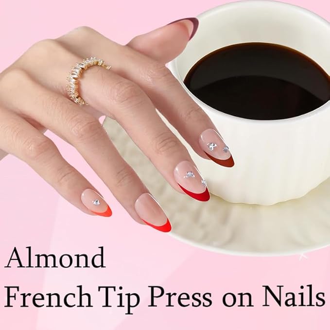 Almond Red French Tip Press on Nails, 150pcs Soft Short French Gel Nail Tips in 15Sizes, Pre-lasting Soak Off Acrylic Fake Nails, No Need to File False Nail Tips Extension for Women Nails