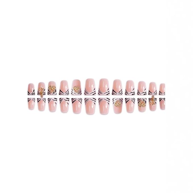 Black White Nail Press ons French Tip Fake Nails Heart Star with Design Duck Glue on Nails Stripe False Nails Glossy Reusable Artificial Acrylic Full Cover Stick on Nails for Women Manicure 24Pcs