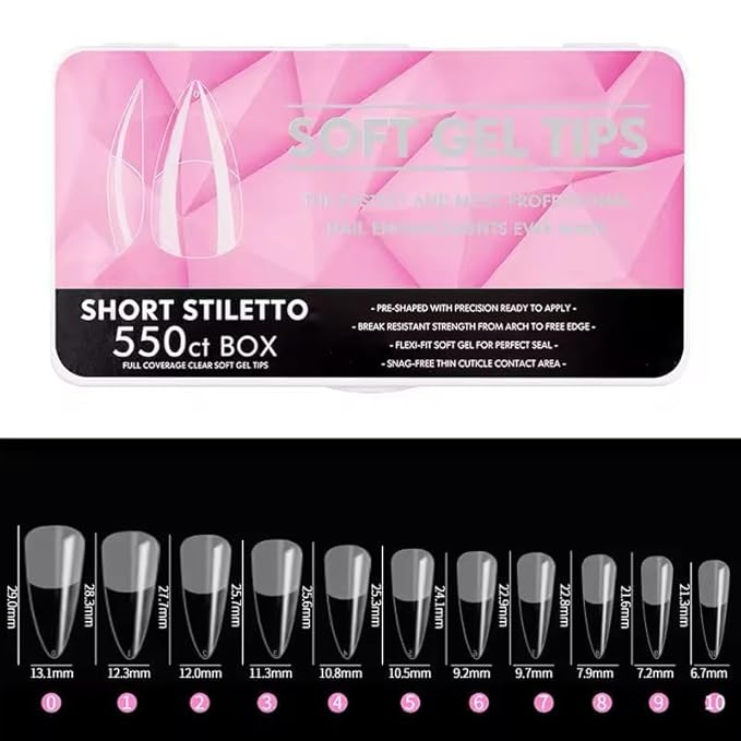 Gel Nail Tips Shape, 550 Pcs Half Matte Pre-Etched Press On False Nails, Full Cover Acrylic Nail Tips Kit for Nail Extensions, DIY Salon Nails. (Short Stiletto, Clear)