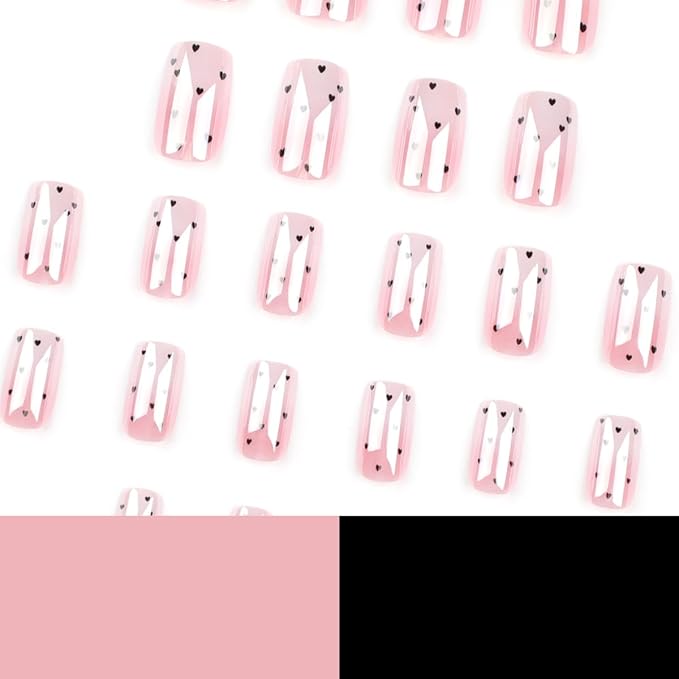 Valentine's Day Press on Nails Medium Square Fake Nails Ombre Chrome Nails Press ons with Black Love Heart Design Full Cover Stick on Nails for Women Manicure,Reusable | Glue Tabs | Easy Apply | 24Pcs