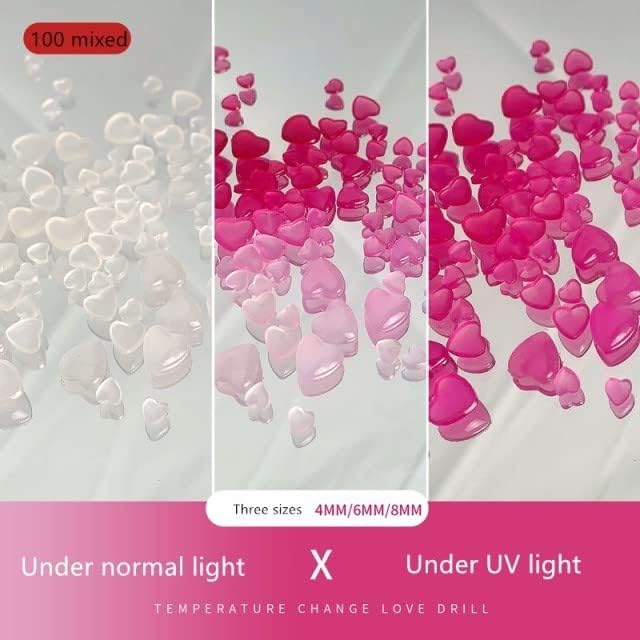 100PC UV Sensitive Heart Nail Art Decoration Mix 4/6/8mm Light Color Change Rhinestone Gems Crafts Nail Art Nail Jewelry Accessories, Rosered