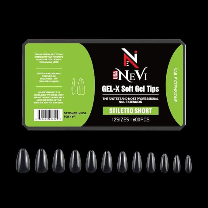Nail Gel-X Natural Stiletto Short Tips Set - NeVi USA Premium Quality, 600 Tips in 12 Sizes - Complete DIY Nail Extension Kit | No Size 00 Included #10&11 are in the same section #10