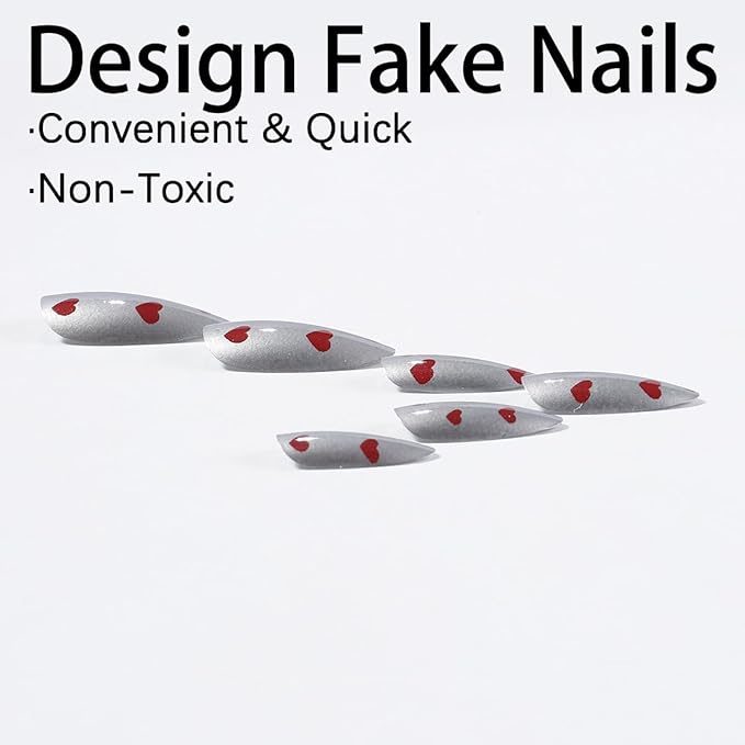 24Pcs Red Heart Press on Nails Medium Almond Fake Nails Mirror Chrome Full Cover False Nails Silver Acrylic Nails Valentines Glue on Nails Reusable Cute Artificial Nails for Women DIY Manicure
