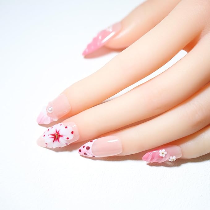 10 Medium Handmade Press On Nails | with 3D Floral and French design False Nails | Skip Salon Trips, Easy to Apply & Remove, Reusable (A010, M)