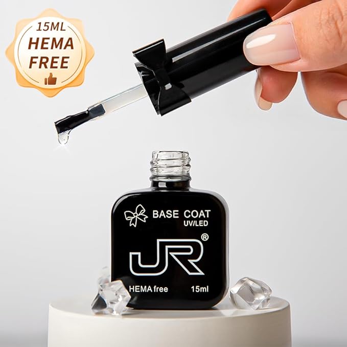 JR 2Pcs 15ML HEMA Free No Wipe Gel Top &Base Coat Set Long Lasting Formula Top Base Coat UV LED Nail Lamp Needed Quick Dry High Glossy Shiny No Chip for Nail Art Manicure