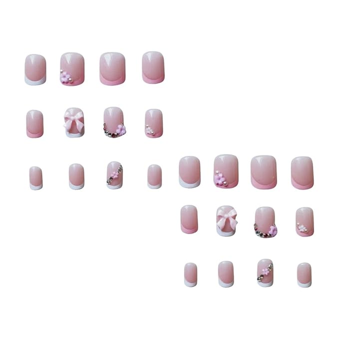 French Tip Press on Nails Short Square MABKJLF White&Pink Flower Fake Nails Bow False Nails with Pearls Rhinestones Designs Glossy Glue on Nails Acrylic Nails for Women Girls 24Pcs