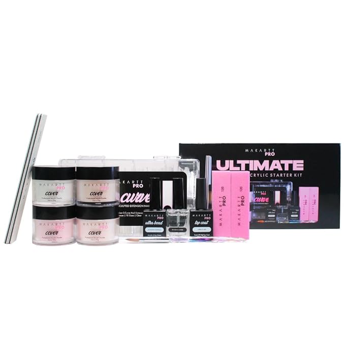 MakarttPro Ultimate Acrylic Starter Kit for Beginners - Professional Nail Tech Supplies with Brush Cleaner & Monomer, Real Kolinsky Brush, Non C-Curve Tips, 4 Cover Acrylic Powders - Full Size Kit