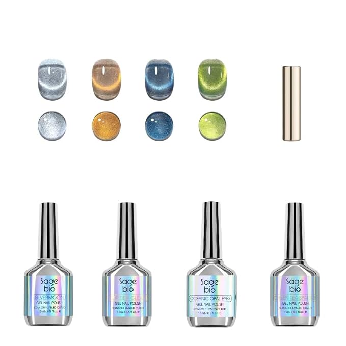 Cat Eye Gel Nail Polish Set with Magnetic Powder, 4 x 15ml Bottles, UV/LED Cured, Long-Lasting 4 Weeks, Stunning Magnetic Effects, DIY Manicure Kit, 06