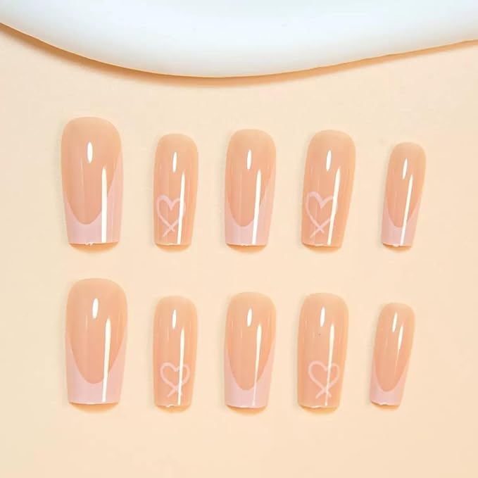 Pink French Tip Press on Nails Coffin - Medium Fake Nails with Heart Design - Glossy Full Cover Stick on Press ons for Women Manicure Kit 24 Pcs