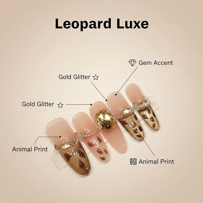 Handmade Press on Nails Long Stiletto Fake Nails French Tip Leopard print False Nails with 3D Rhinestones Designs Sparkly Gold luxury Artificial Nails Reusable for Women 10pcs (Size M）