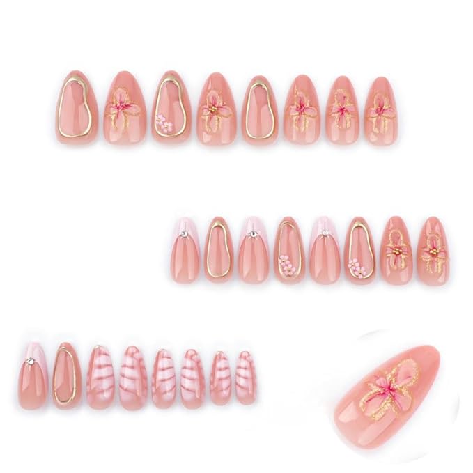 Medium Almond Press on Nails Handmade Stick on Nails with 3D Flowers Charm Design Rhinestone French Tips False Nails Gold Irregularity Fake Nails Glossy Handmade Glue on Nails for Women Manicure 24Pcs