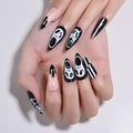 3D Halloween Press on Nails Medium Almond with Horror Design, Medium Almond Artificial Fake Nails with Skull Face 3D Designs, Stick on Soft Gel Full Cover Glossy Stick on Ghost Nail for Women Girls