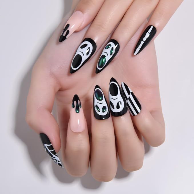 3D Halloween Press on Nails Medium Almond with Horror Design, Medium Almond Artificial Fake Nails with Skull Face 3D Designs, Stick on Soft Gel Full Cover Glossy Stick on Ghost Nail for Women Girls