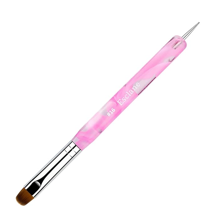 French Manicure Brush, Esclane 2 Way French Nail Brush with Dotting Tool for Manicure Cuticle Clean Up Nail Art Design, French Tip Brush (Pink, #16)