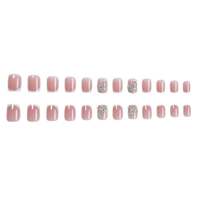 White French Tip Press on Nails Short Square MABKJLF Petite Fake Nails Butterfly False Nails with Rhinestones Designs Glossy Glue on Nails French Manicure Acrylic Nails for Women Girls 24Pcs