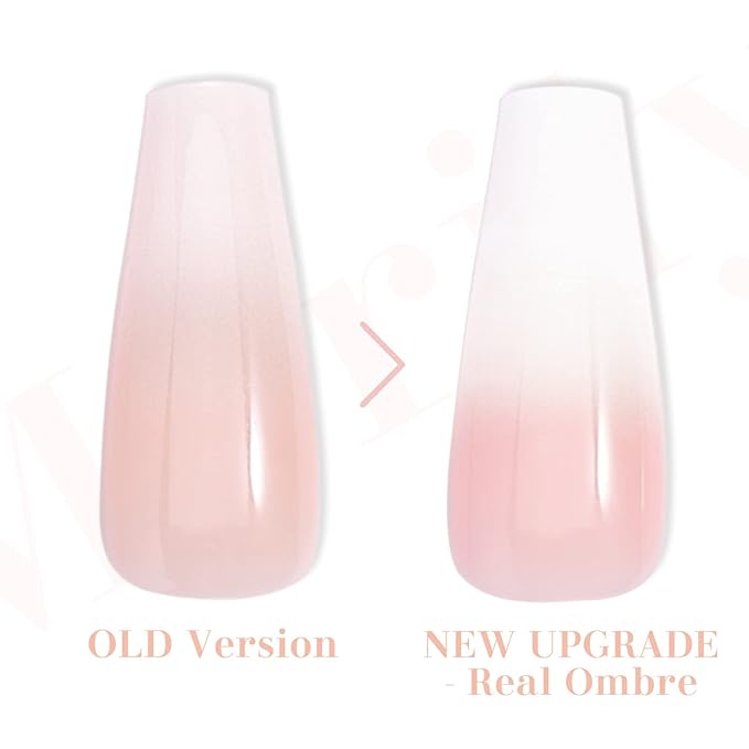 Morily 24pcs Fake Nails Nude White Ombre Ballerina Long Coffin Glossy Press on Nail False Tips Artificial Finger Manicure for Women