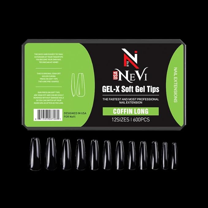 Nail Gel-X Natural Coffin Long Tips Set - NeVi USA Premium Quality, 600 Tips in 12 Sizes - Complete DIY Nail Extension Kit | No Size 00 Included #10&11 are in the same section #10