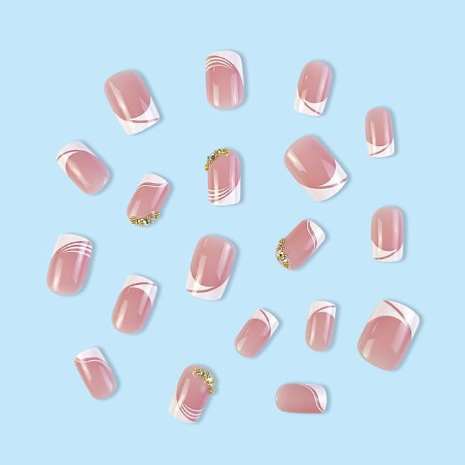 White French Tip Press on Nails - Short Square Fake Nails - Pink False Nails with Rhinestone Stick on - for Women 24 Pcs