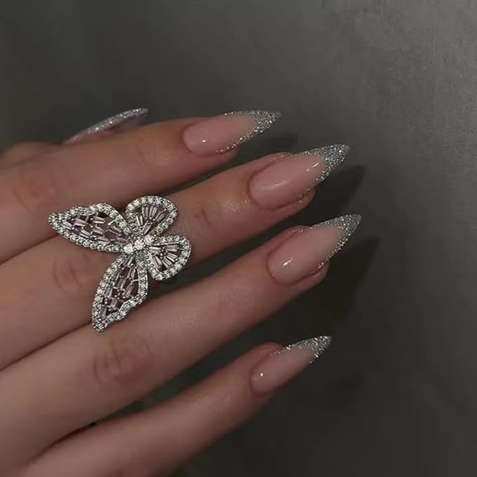 Silver French Tips Fake Nails Long Almond Press on Nails with Sparkly Design, Glossy Glitter False Nails Gel Glue on Nails, Shine French Manicure Art Acrylic Nails Stick on Nails for Women Girls 24Pcs