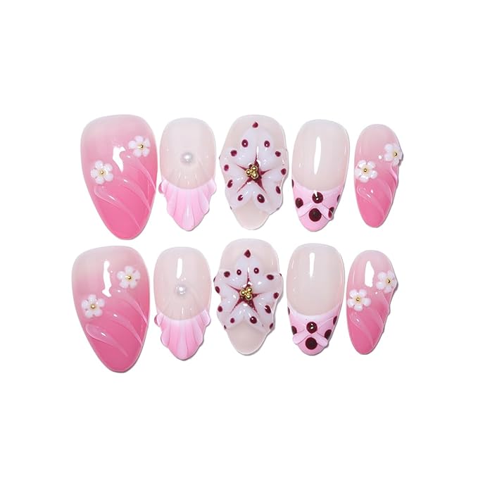 10Pcs Short Almond Handmade Press On Nails | Pink Ombre with Seashell, 3D Floral & Pearl Decor | Reusable Salon-Quality Fake Nails for Women and Girls(PZ01, XS)
