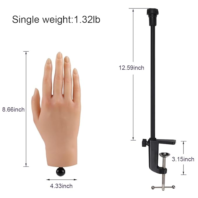 Nail Pratice Training Hand for Acrylic Nails with Stand Bracket,Soft Silicone Maniquin Hand, Flexible Bendable Nail Practice Fake Hand for Nails Art Practice Tool
