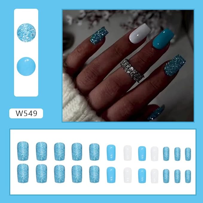 Blue Press on Nails Medium Square Fake Nails Glitter Nails Press ons with Design Reusable Artificial Nail Glossy Full Cover Glue on Nail Stick on Nails for Women Manicure 24Pcs