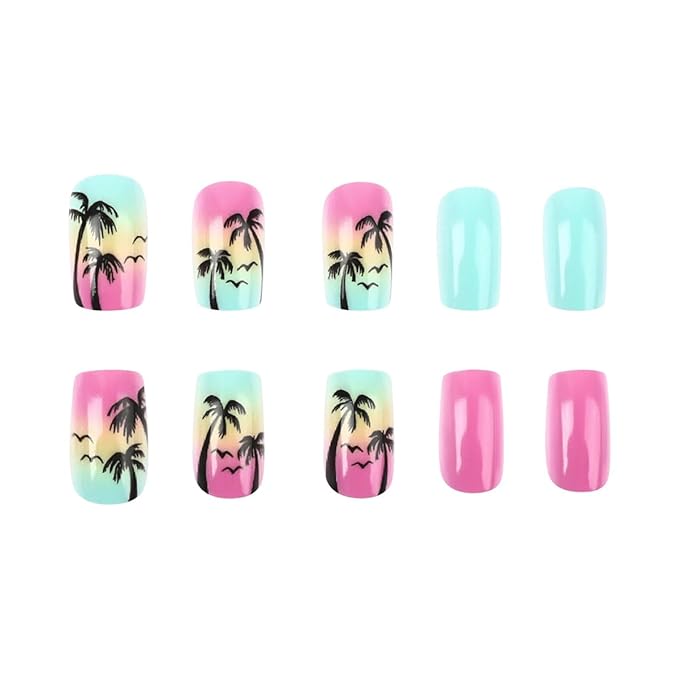 Tropical Press on Nails Summer Beach Fake Nails Short Square Nails Press ons with Design Reusable Artificial Nail Full Cover Glue on Nail Stick on Nails for Women Manicure 24Pcs