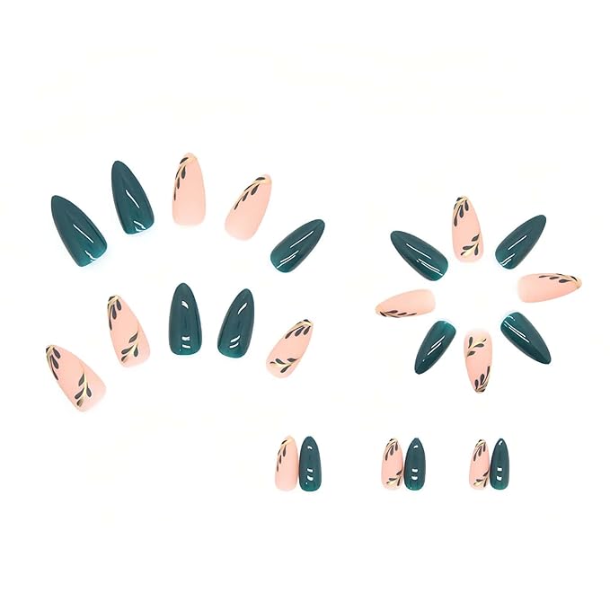 Green Short Almond Press on Nails Water Drop Type False Nails with Green Leaf Matte Designs Full Cover Glue on Nails Reusable Artificial Stick on Nails for Women 24 Pcs