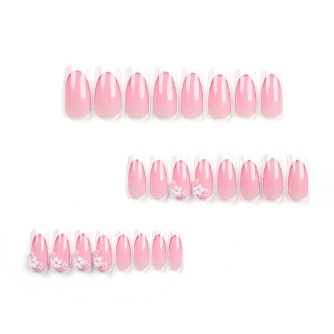 Press on Nails Long Rhinestone Pink Fake Nails Square Bling Glossy 3D Flower Artificial Nails Finger Manicure for Women and Girls-24pcs (Long Nails 5)