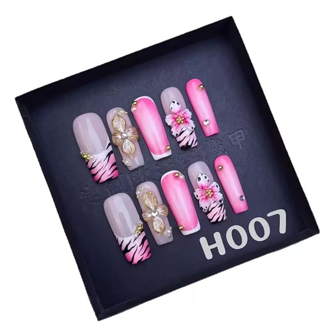 100% 5D Handmade Press on Nails Pink Flower Long Square Fake Nails Press ons Leopard French Tips False Nails Rhinestone Embossed Floral Press on Nails for Women Girls Daily Wear DIY Manicure Size M