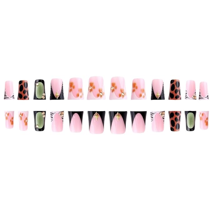 Duck Press on Nails French Tip Fake Nails Leopard Print Glue on Nails with Rhinestone Design Glossy Full Cover Reusable Artificial Acrylic Star Stick on Nail for Women Manicure 24Pcs