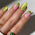 Green Cat Eye Press on Nails Medium Almond Fake Nails Spring Flowers False Nails French Tips Acrylic Nails Glossy Stick on Nail for Women Decoration 24Pcs