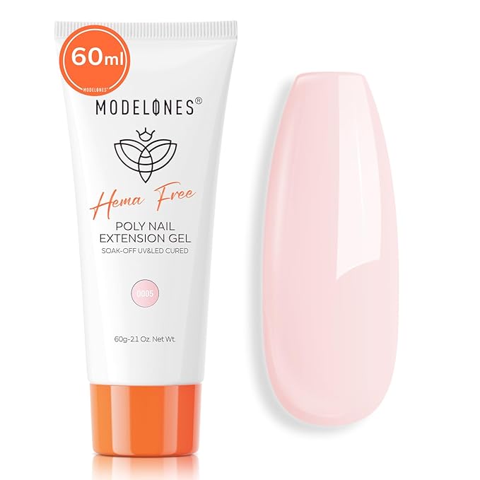 modelones Poly Nail Gel, Hema-Free 60ML Barely Pink Poly Extension Gel Nail Enhancement Thickening Sheer Pink Builder Overlays 3D Molding Home DIY Salon Use