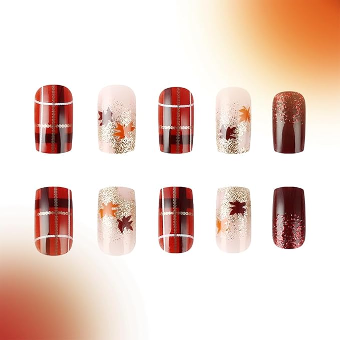 Fall Press On Nails Medium Square, Autumn Orange Wine Acrylic Press On Nails, Lattice Maple Leaf Glitter Designer Reusable Fake Nails, Glue On Nail Press Ons for Hallows' Day Women