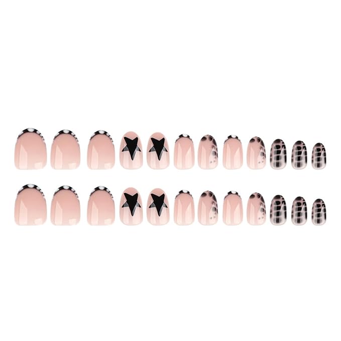 Oval Press on Nails Short Fake Nails Black Star Nails Press ons with Crocodile Print Design French Tip False Nails Glossy Acrylic Full Cover Reusable Stick on Nail for Women Manicure 24Pcs