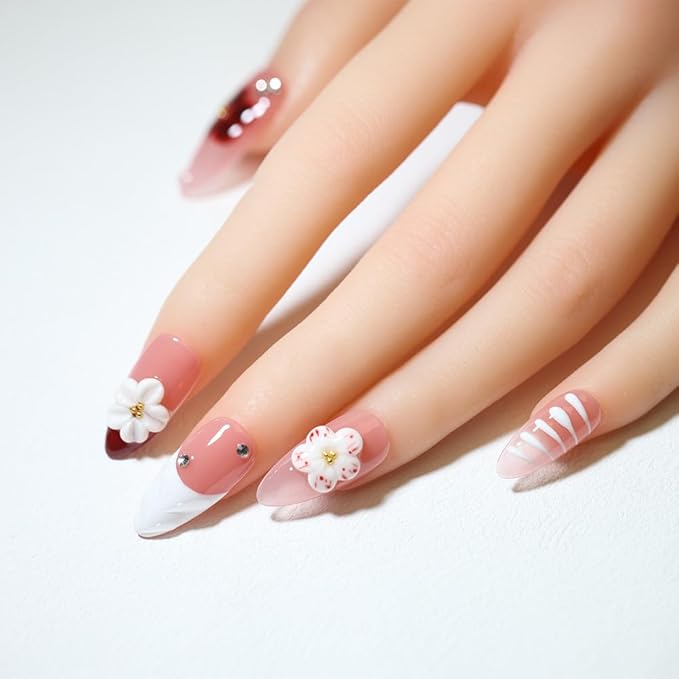 10 Medium Almond 3D Floral Handmade Press On Nails, Vintage Red with seashells and Shiny Rhinestones, Pearls & Cat Eye, Removable and Reusable, All Seasons (pink 18A, XS)