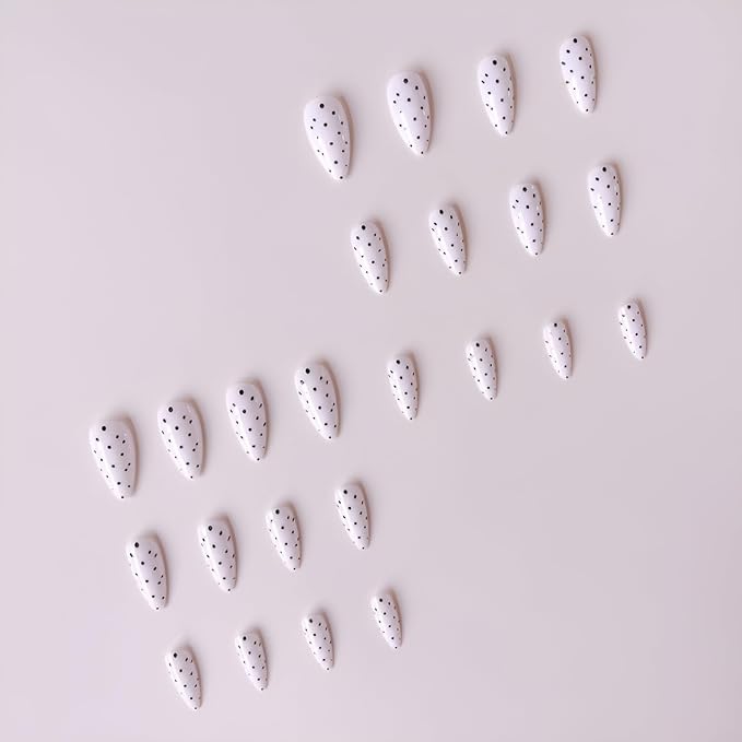 24Pcs Polka Dot Press on Nails Almond Fake Nails Medium False Nails Black White Nails Press Ons Glossy Full Cover Stick on Nail Acrylic Polka Dot Glue on Nail for Women and Girls Decoration