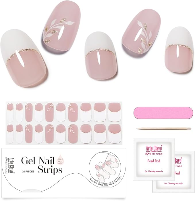 Arte Clavo Semi Cured Gel Nail Strips, White French Leaf, Gold Glitter, 20PCS Gel Nail Stickers, Wraps, UV Light Required, Salon Quality, Easy Application and Removal