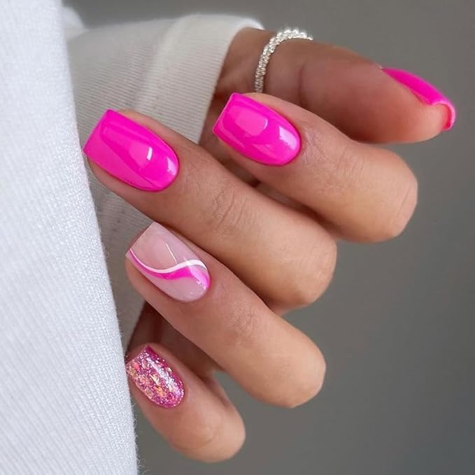Pink Press on Nails Short Square Fake Nails Glossy False Nails Press ons with Swirl Line Design Reusable Artificial Nail Full Cover Glue on Nail Stick on Nails for Women Manicure 24Pcs