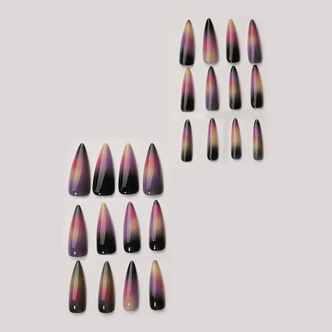 MISUD Press on Nails - Long Stiletto Fake Nails with Black Colorful, Acrylic Goth Ombre Design 24 pcs