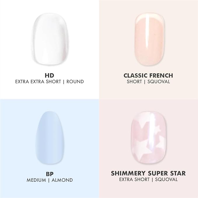Olive & June Glue Press On Bestsellers Kit | Includes 4 Fake Nail Sets (HD Crisp White, Classic French, Shimmery Super Star, BP Icy Blue) | Realistic Look, Non-Damaging Glue, Up to 14-Day Wear