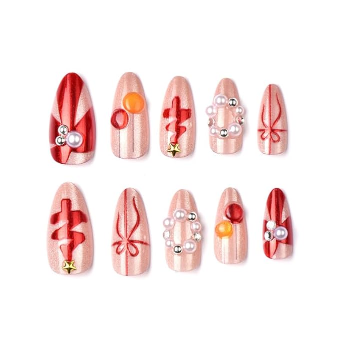 Christmas Press on Nails Medium Almond Fake Nails Red Christmas Tree False Nails Xmas Winter Cat Eye Glue on Nails with Pearl Reusable Acrylic Nail for Women Manicure 24Pcs
