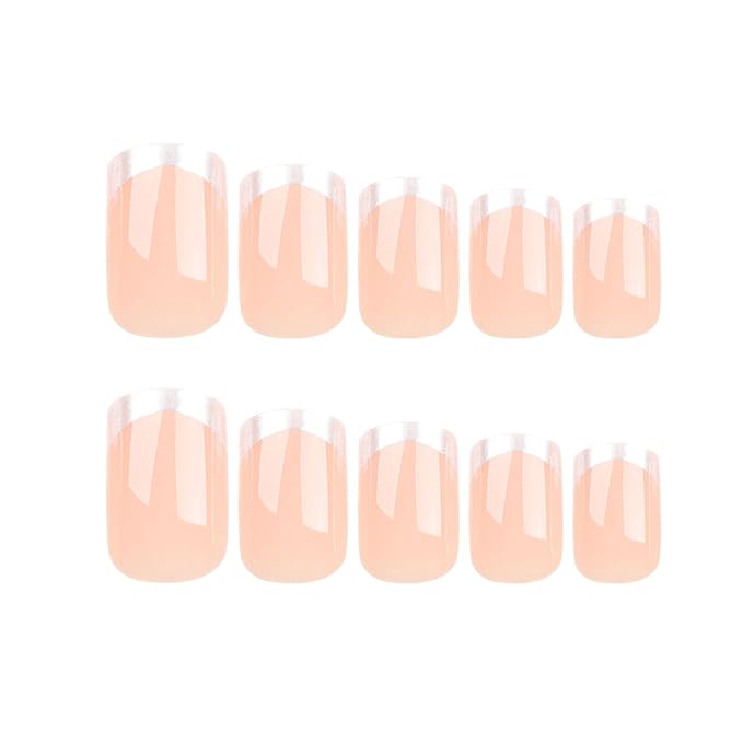 Press on Nails Square - Short Fake Nails with Silver French Design - Nude False Nails Glossy Stick on - for Women 24 Pcs