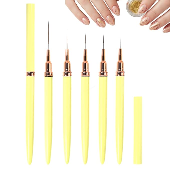 Metallic Nail Art Pens, 2026 New Liner Brushes Set, 5PCS Black Color Nail Tools For Long Lines, Fine Drawing, Liner Brush UV Gel Polish Painting Nail Design Sizes 6/9/11/16/24mm (yellow)