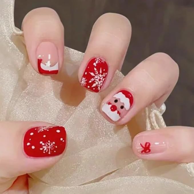 6 Packs (144 Pcs) Christmas Press on Nails Short Square Fake Nails Winter Xmas False Nails with Designs Snowflake Snowman Elk Glue on Nails Full Cover Glossy Acrylic Stick on Nail for Women Manicure