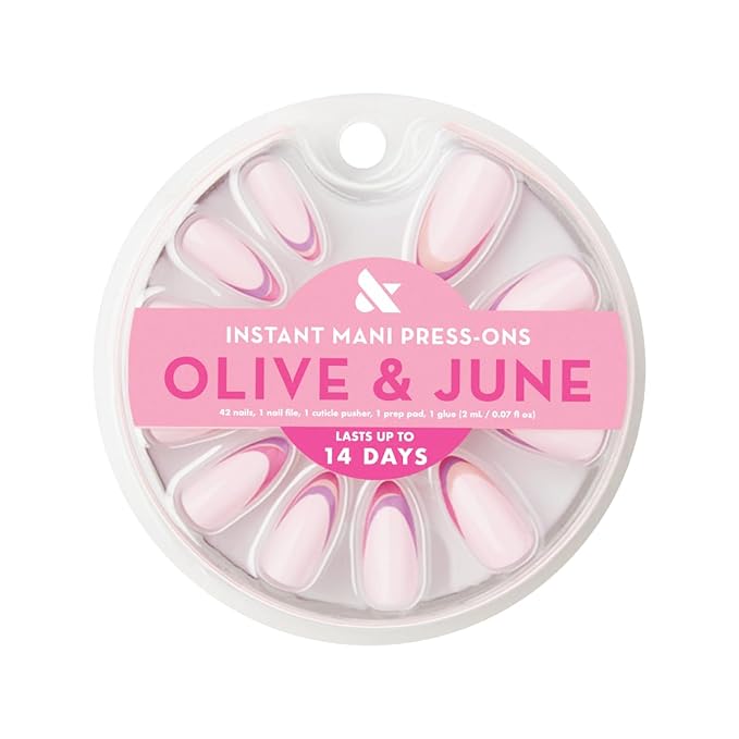 Olive & June Instant Mani Press-On Nails (Glue) | 42 Fake Nails, 21 Sizes | Non-Toxic, Long-Lasting Recycled Materials Realistic Look | Spring Flowers & Patterns | Long, Almond | Double French Twist