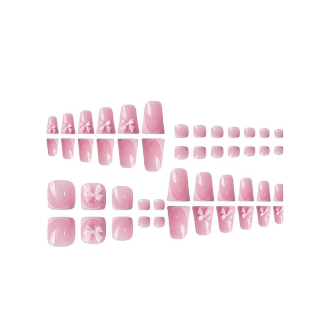48Pcs Duck Shaped Press on Nails Short & Press on Toenails Set, Pink Bow Fake Nails French Press on Toe Nails Full Cover Stick on Toe Nails Wide Duckbill Acrylic Nails Kit for Women Manicure